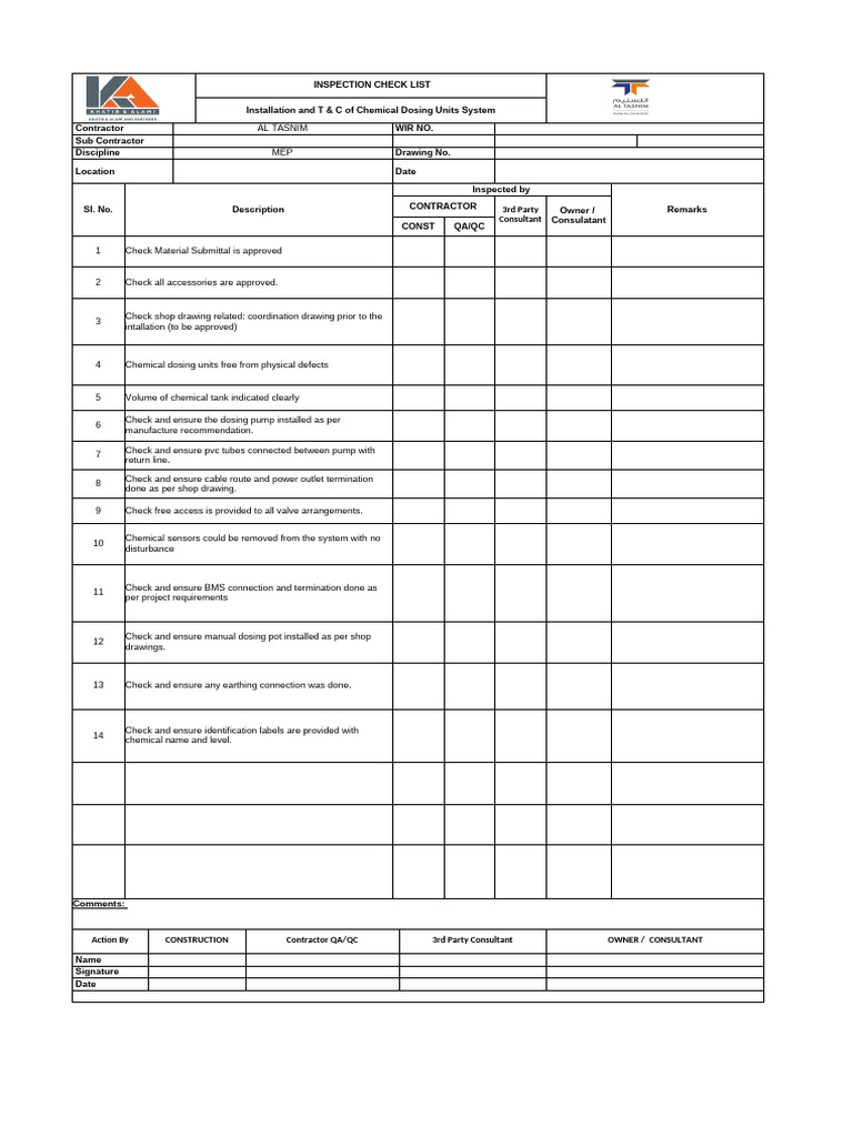 Chemical Dosing Units Inspection Checklist | PDF