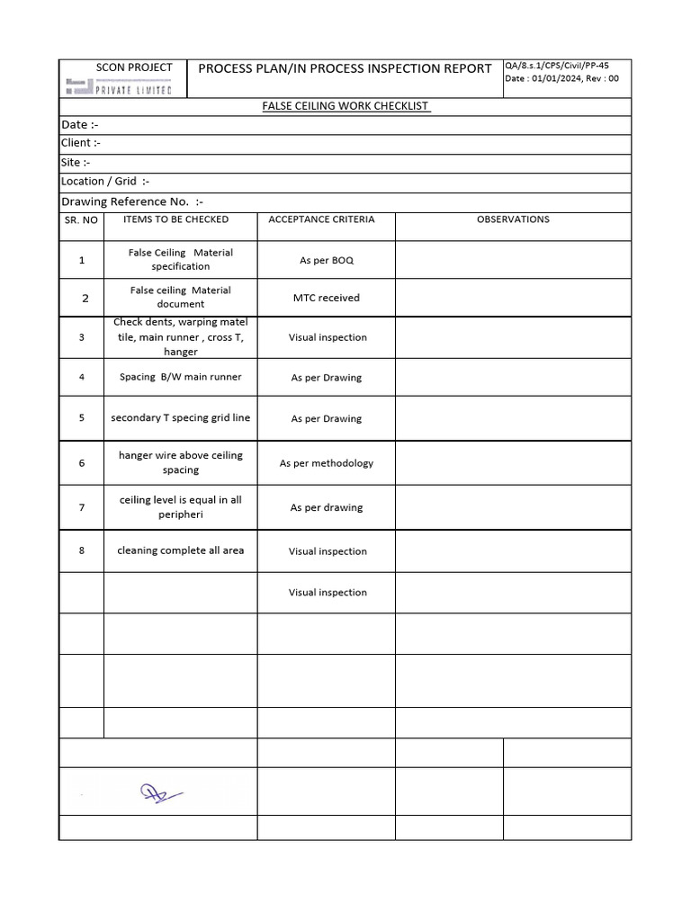 False Ceiling Work Inspection Checklist | PDF