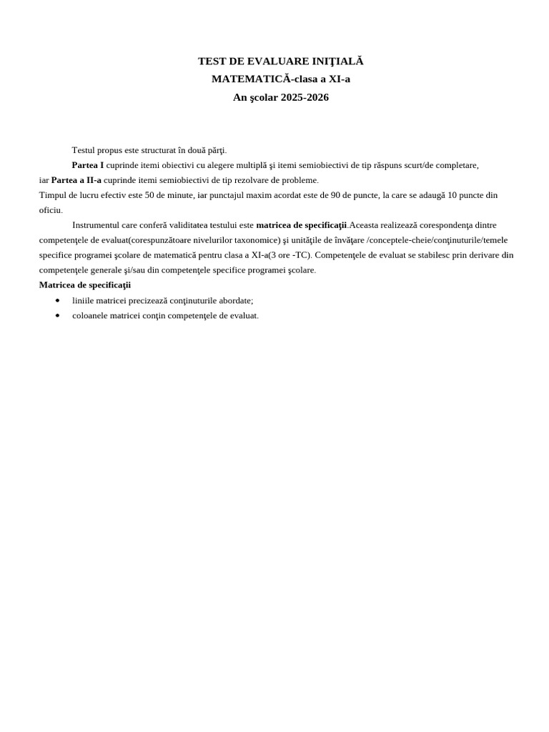 11 Bun Test de Evaluare Initiala Clasa A Xia | PDF