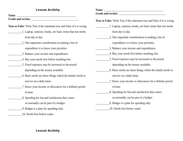 True or False Budgeting Activity | PDF | Expense | Budget
