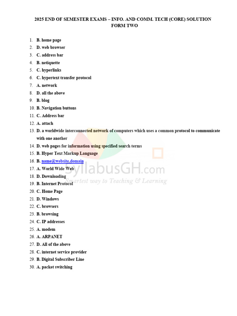 2025 SHS2 End of Semester Exams ICT Core Solution | PDF