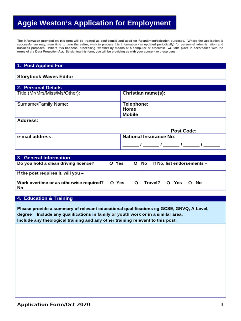 Aggie's Application For Employment Form SBW Editor May 2025 | PDF