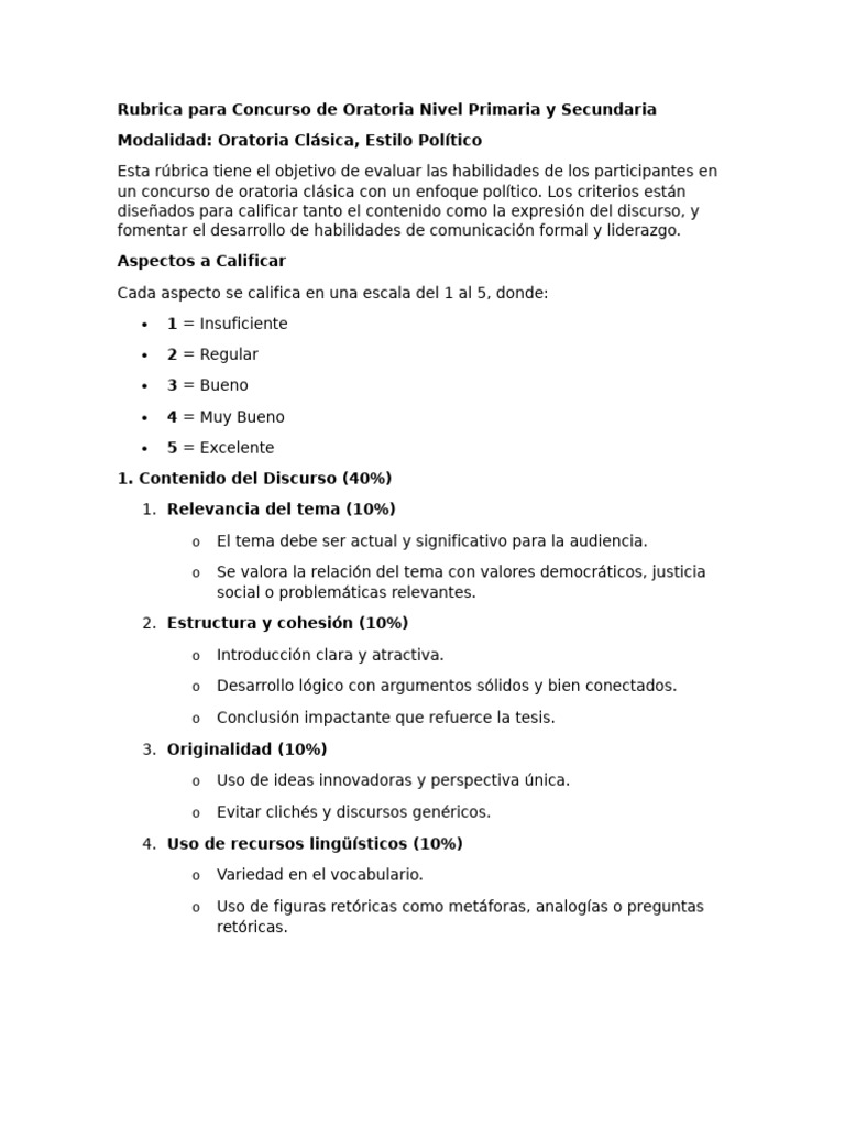 Rúbrica para Concurso de Oratoria Escolar | PDF | Hablar en público