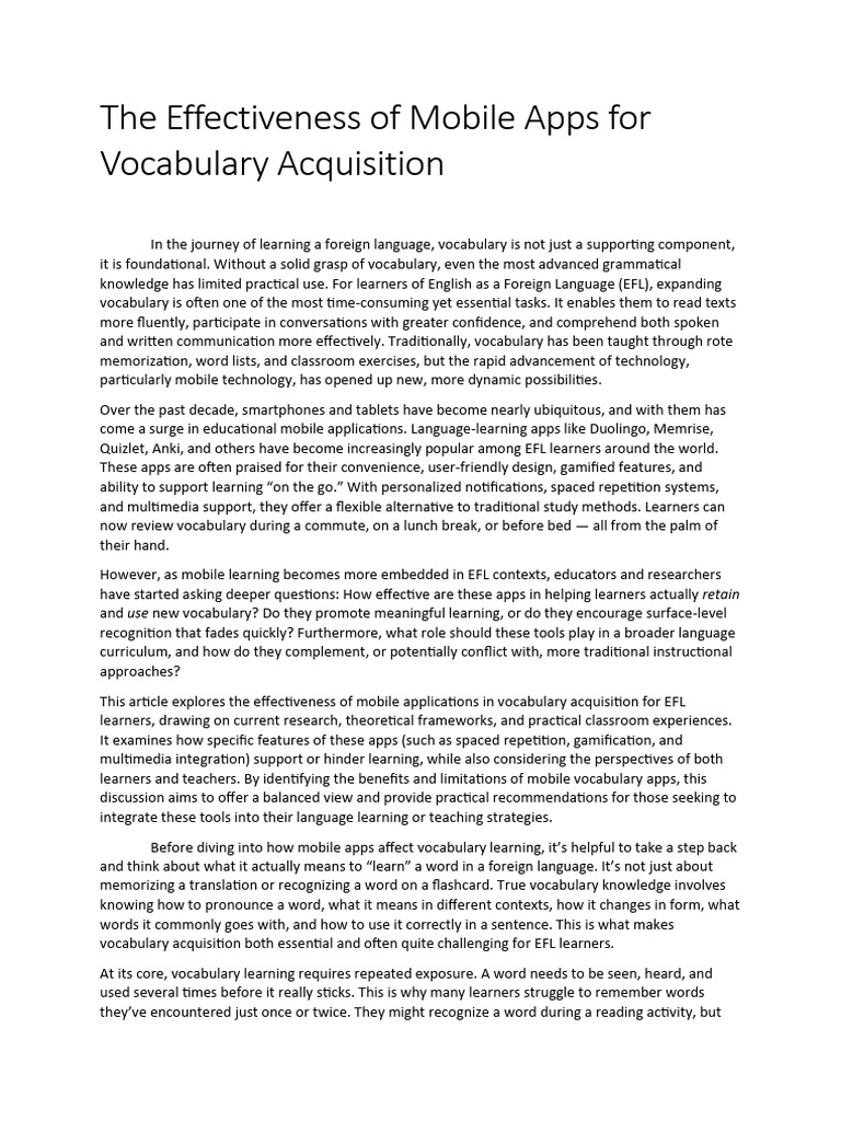 Mobile Apps for EFL Vocabulary Learning | PDF | Learning | Vocabulary