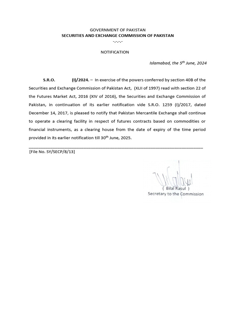 Notification for PMEX to Act as Clearing House | PDF