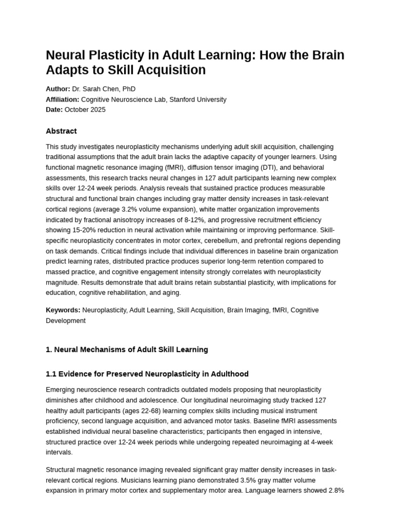 Neuroplasticity in Adult Skill Learning | PDF | Neuroplasticity ...