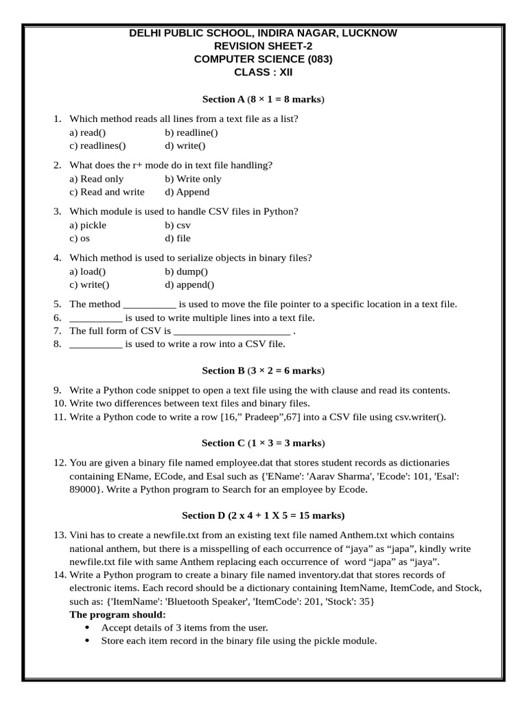 Computer Science Revision Sheet Class XII | PDF | Text File | Software ...