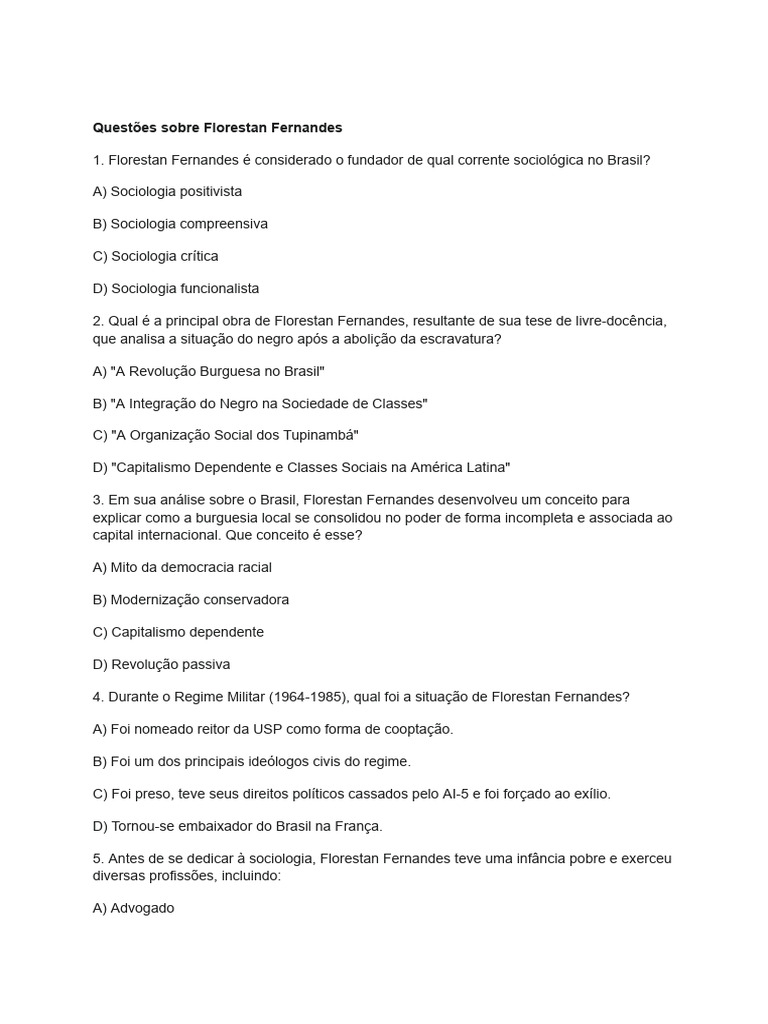 Florestan Fernandes: Questões e Respostas | PDF | Sociologia | Brasil