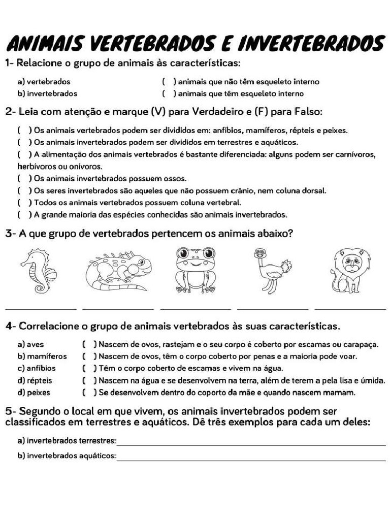 Atividades Sobre Animais Vertebrados e Invertebrados - Alunos e ...