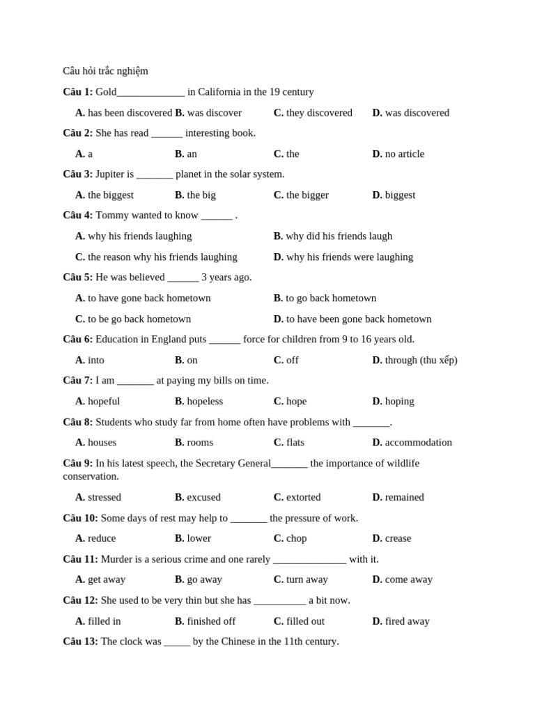 English Grammar Multiple Choice Questions | PDF