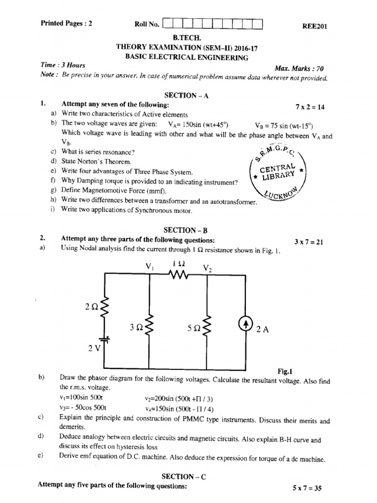 Basic Electrical Engineering (REE-201) 2016-17 | PDF