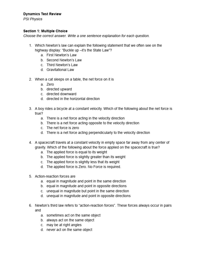 Dynamics Test Review | PDF | Force | Newton's Laws Of Motion
