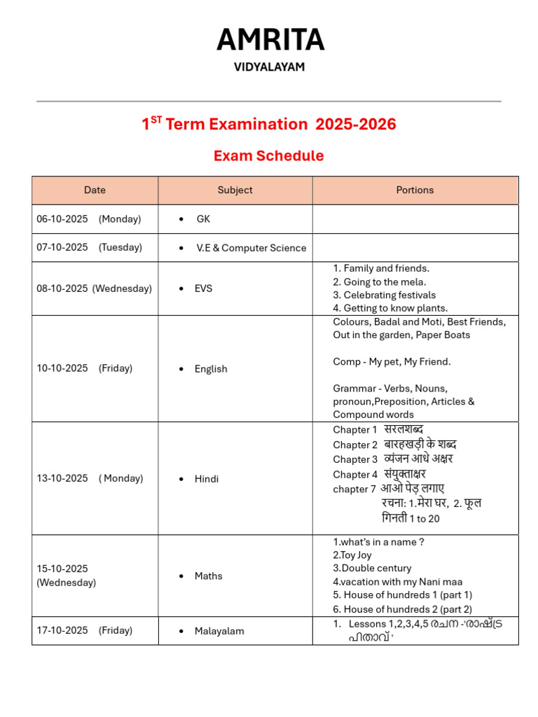 Amrita Vidyalayam 1st Term Exam Schedule | PDF | Language Mechanics ...