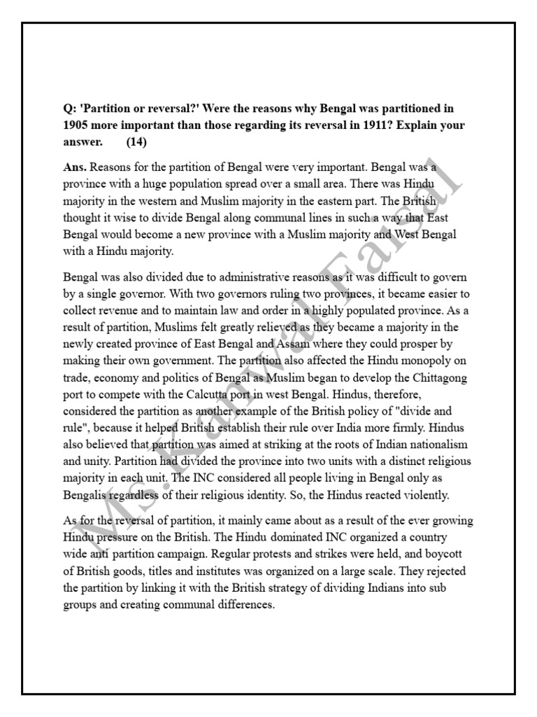 Bengal Partition and Political Reforms Analysis | PDF | Partition Of ...