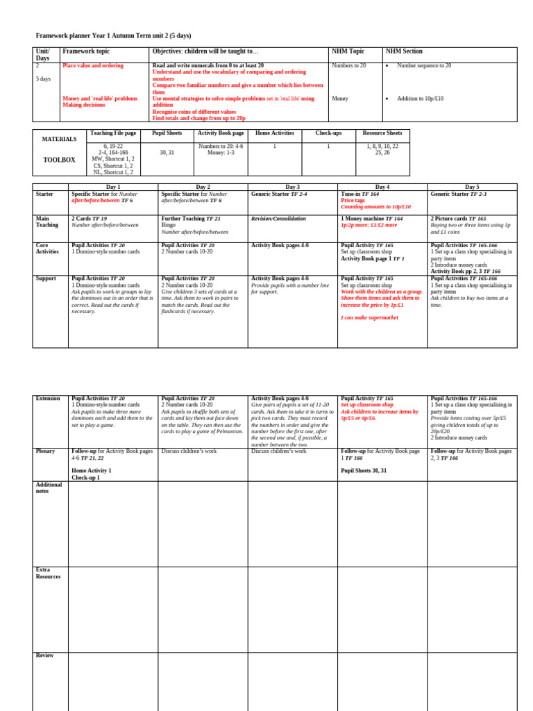 NHM 1 PlannerAutumn Term Unit 2 | PDF