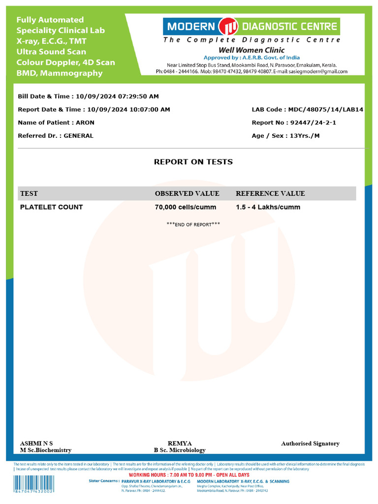 Patient Lab Report: Low Platelet Count | PDF