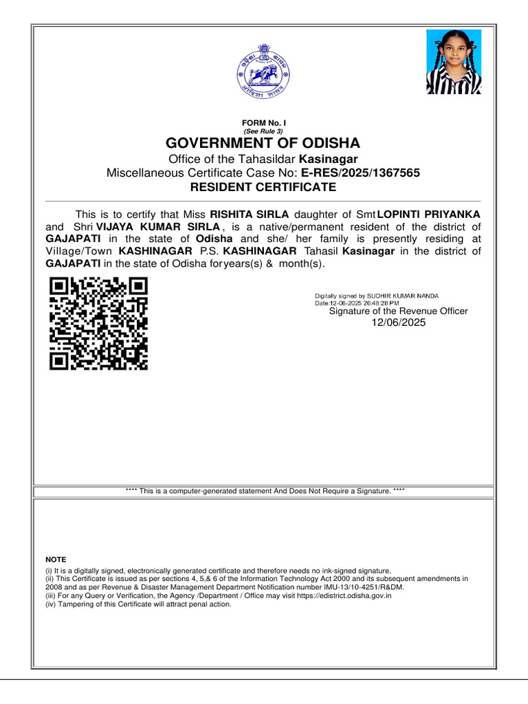 Odisha Resident Certificate for Rishita Sirla | PDF