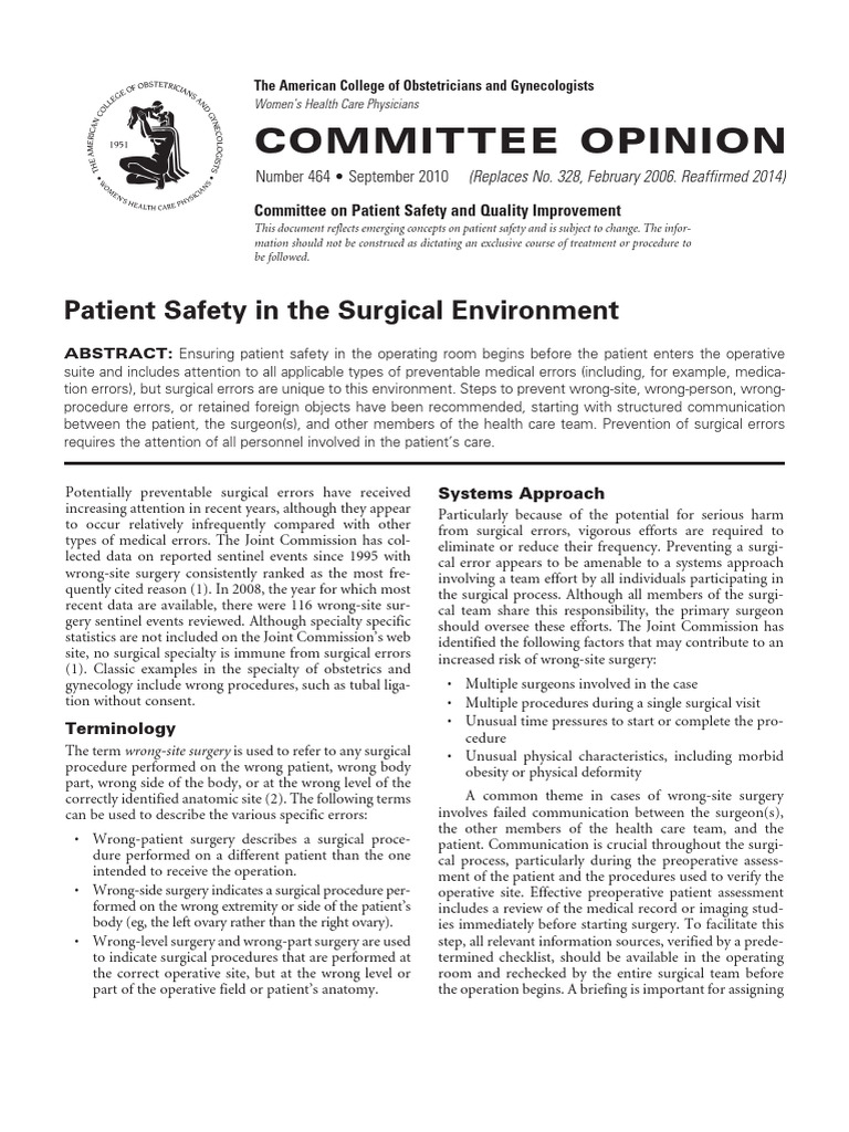 Patient Safety in The Surgical Environment | PDF | Surgery | Patient Safety