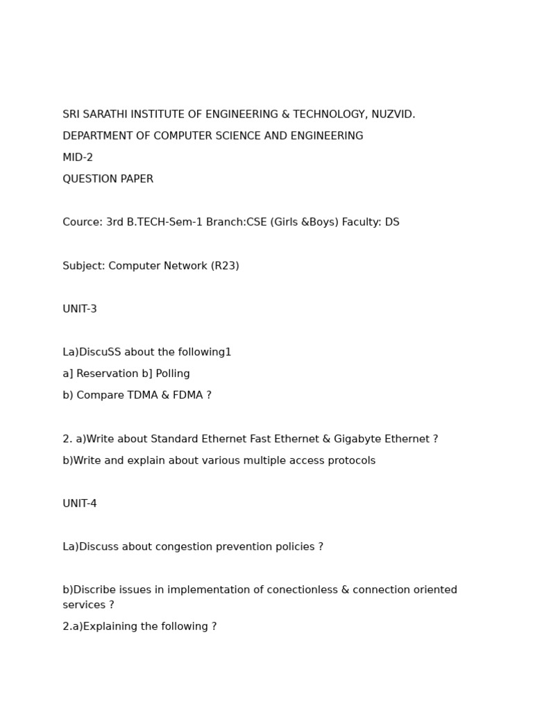Computer Networks Midterm Exam Questions | PDF