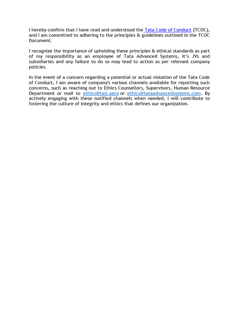 Commitment to Tata Code of Conduct | PDF