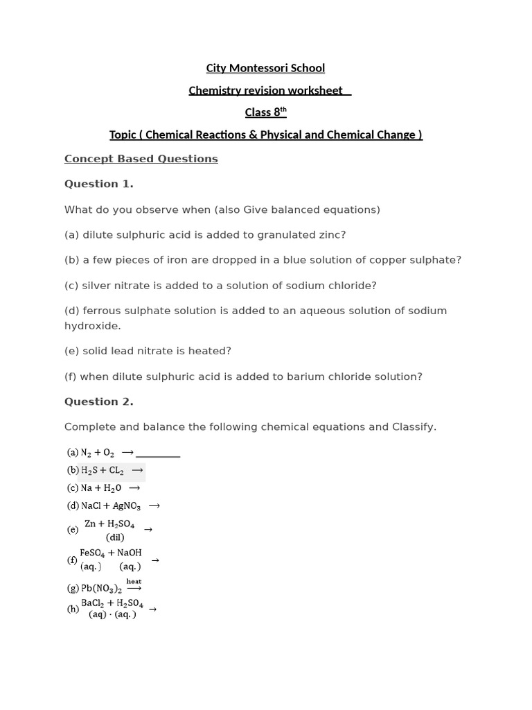 Class 8 Chemistry: Reactions Worksheet | PDF | Chemical Reactions | Acid