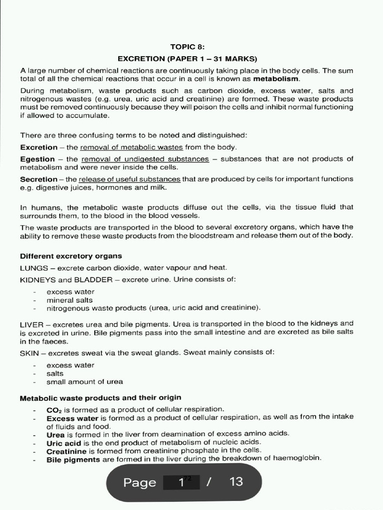 Excretion Note Life Science Grade 11 | PDF