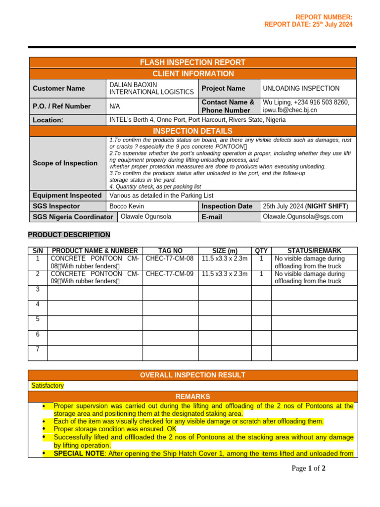 Unloading Inspection Report for Pontoons | PDF