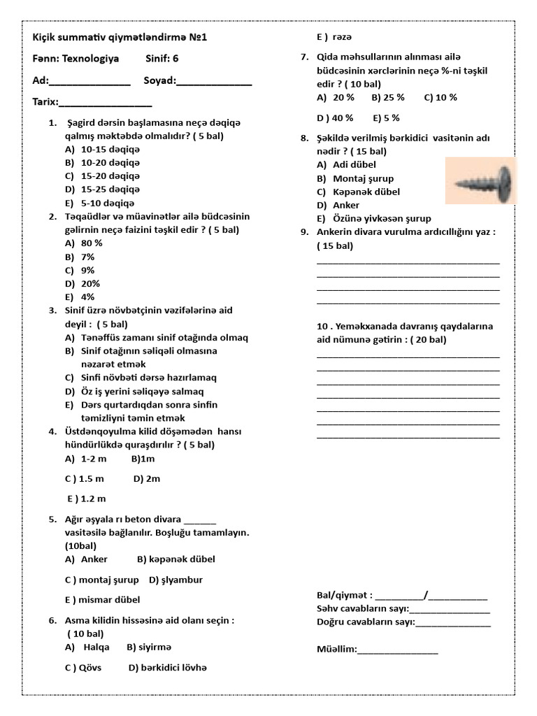 Kiçik Summativ Qiymətləndirmə 1 6cı Sinif 1 Pdf