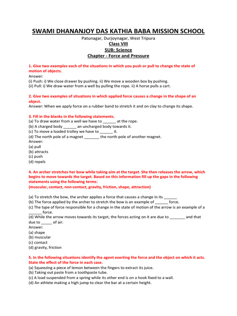 Force and Pressure: Class VIII Science Guide | PDF | Force | Rocket