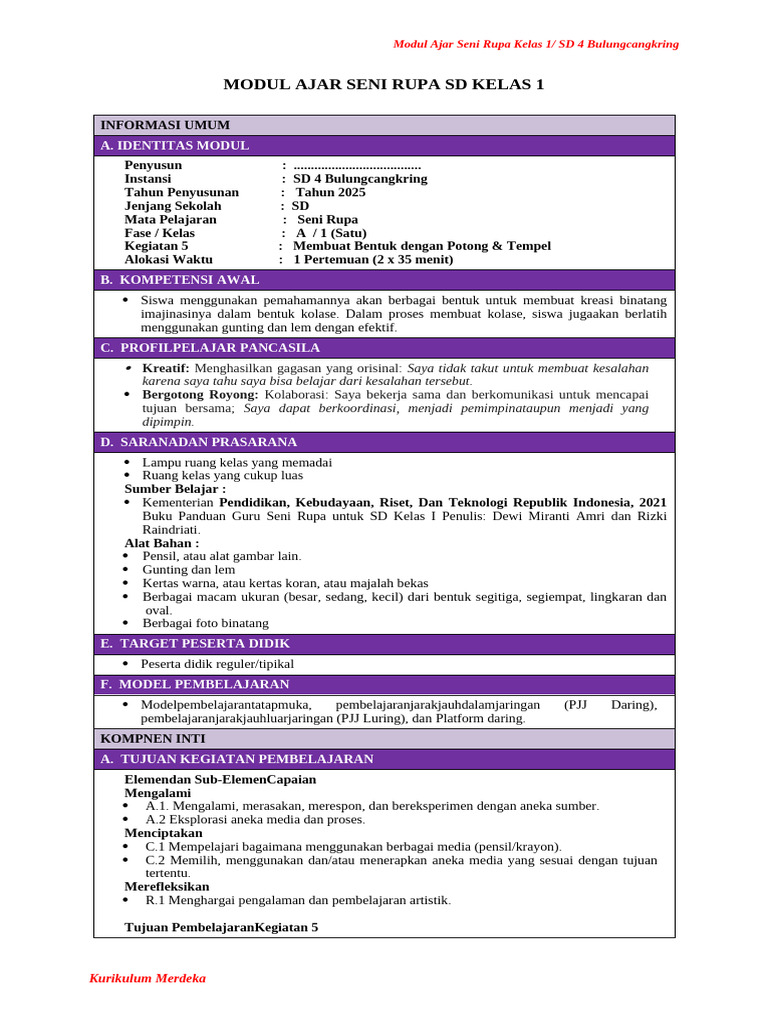 Modul Ajar Seni Rupa Kelas 1 SD | PDF