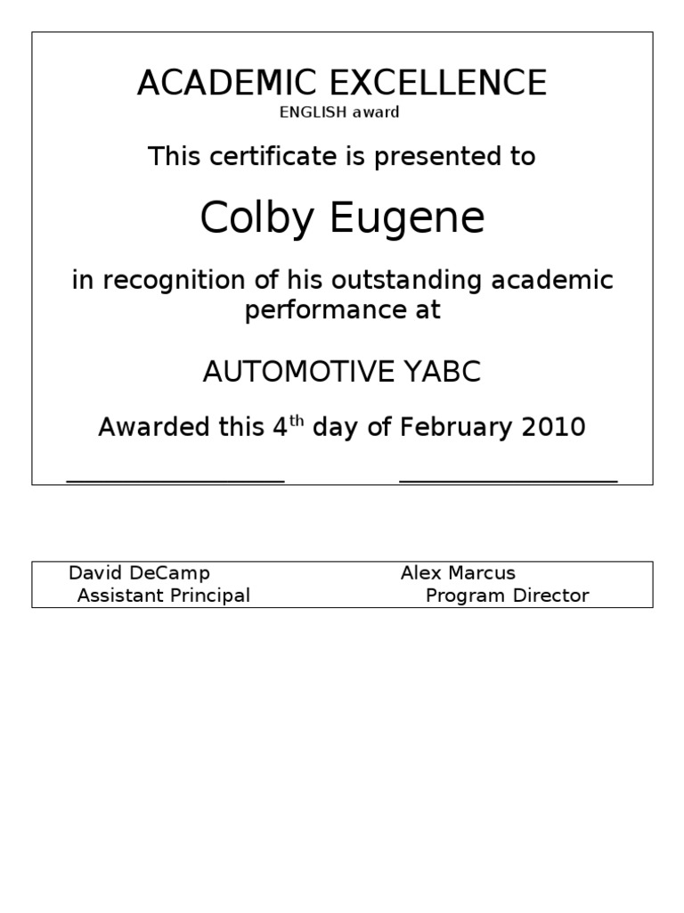 Academic Excellence Award Template