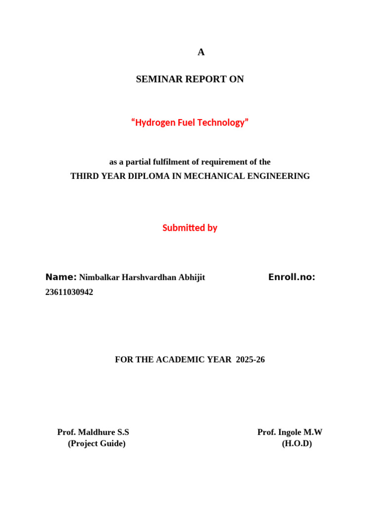 Hydrogen Fuel Technology Seminar Report | PDF | Fuel Cell | Hydrogen