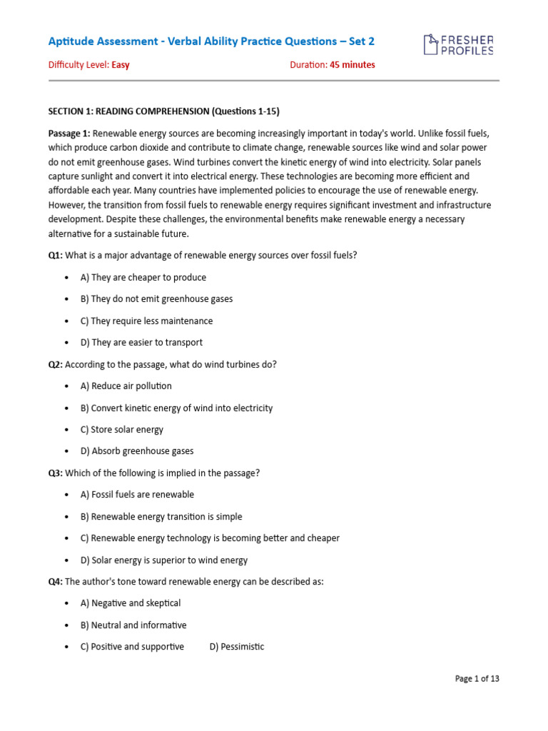 Aptitude - Verbal Ability Practice Questions - Set 2 - Level Easy | PDF ...