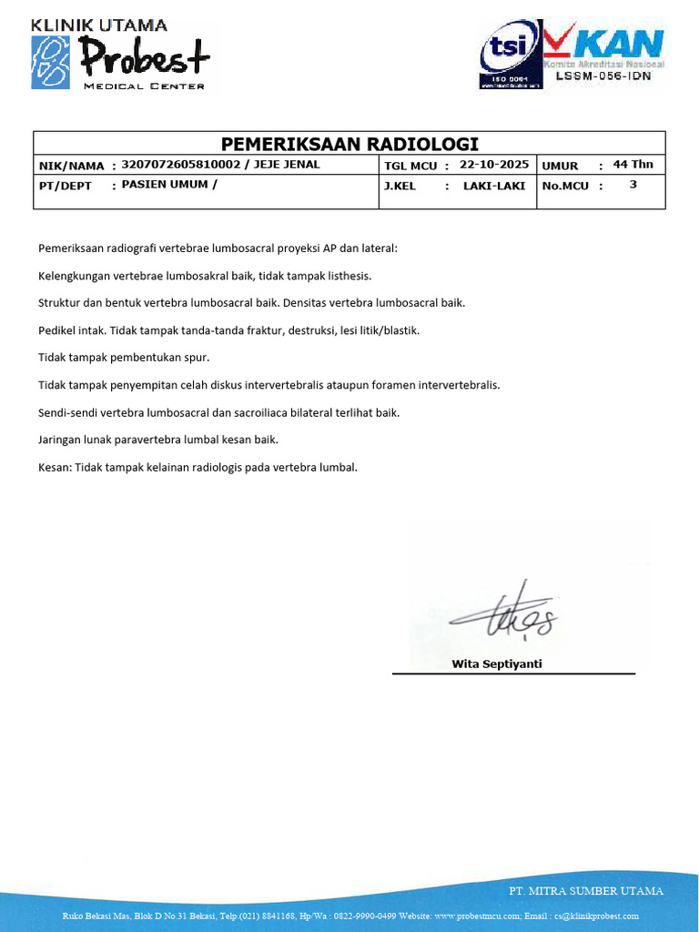 Hasil Pemeriksaan Radiologi Lumbosakral | PDF