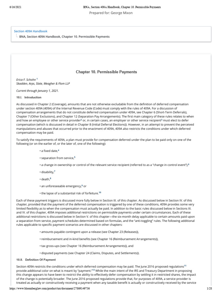 BNA, Section 409A Handbook, Chapter 10. Permissible Payments | PDF ...