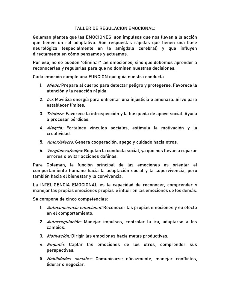 Taller de Regulación Emocional | PDF | Las emociones | Autorregulación ...
