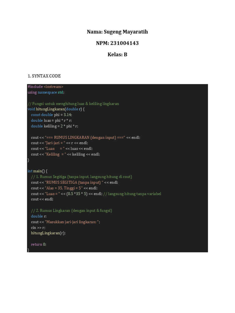 Rumus Luas dan Keliling Lingkaran C++ | PDF