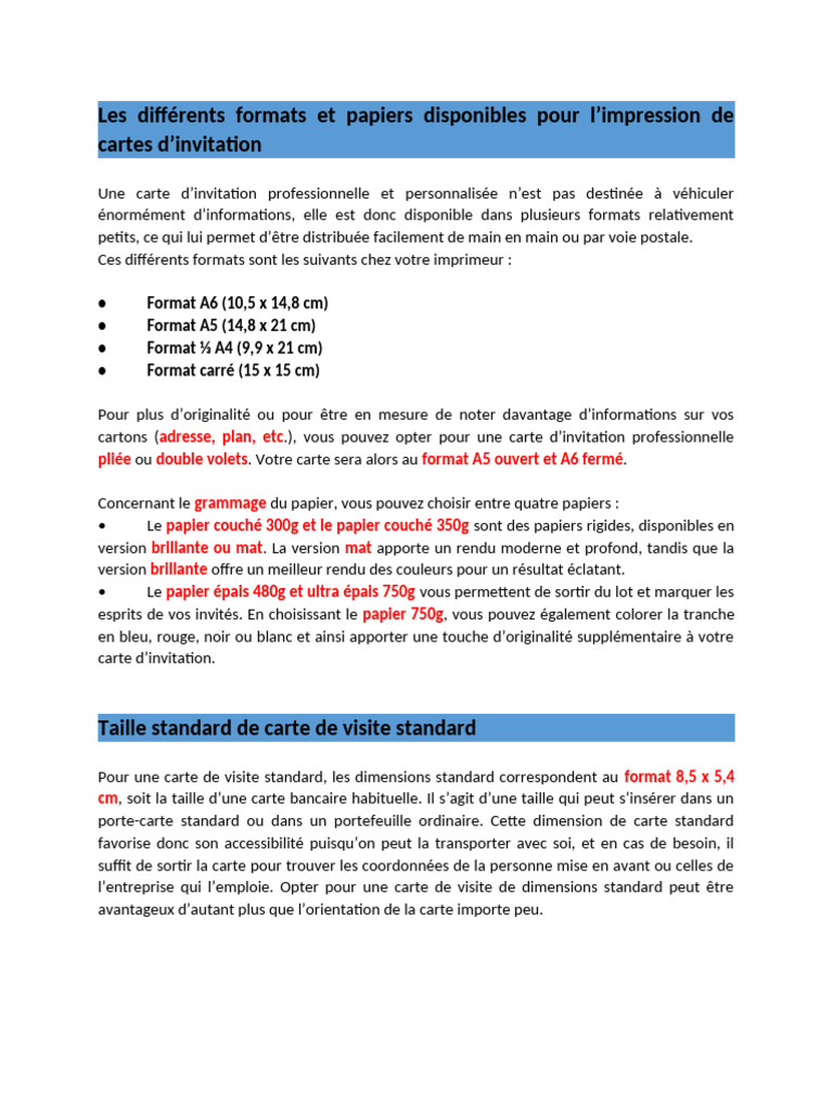 Formats et papiers pour invitations | PDF
