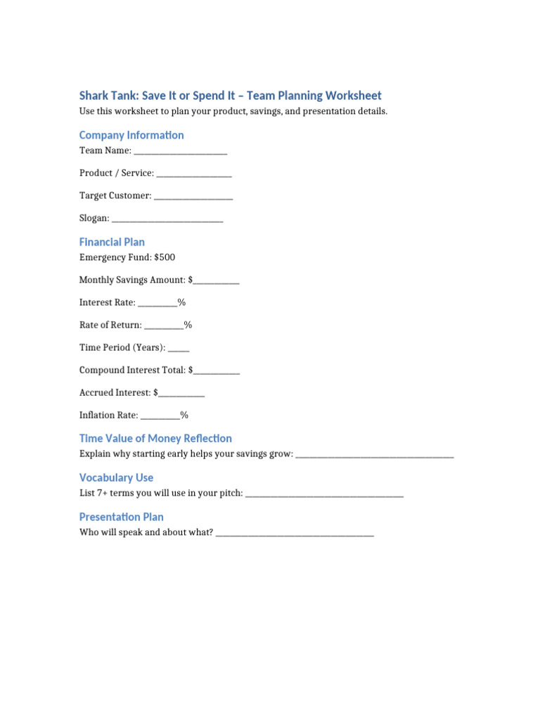 Adriana Preyer - Shark Tank Team Worksheet | PDF