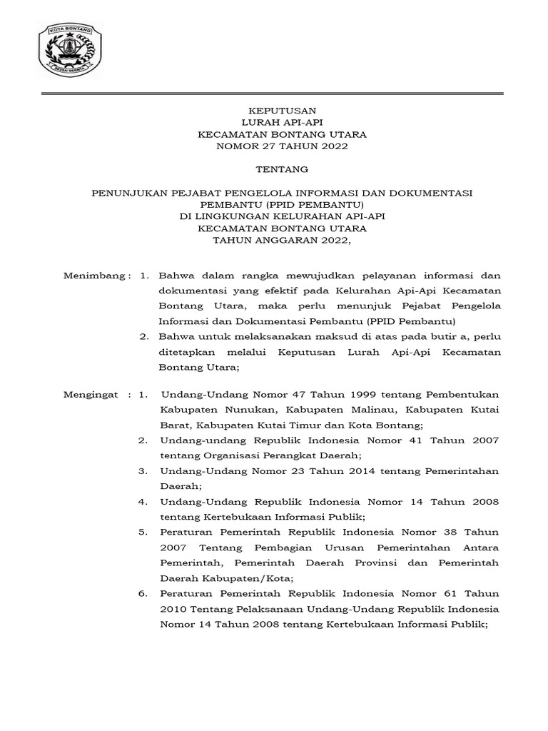 SK PPID Kelurahan API-API 2022 | PDF