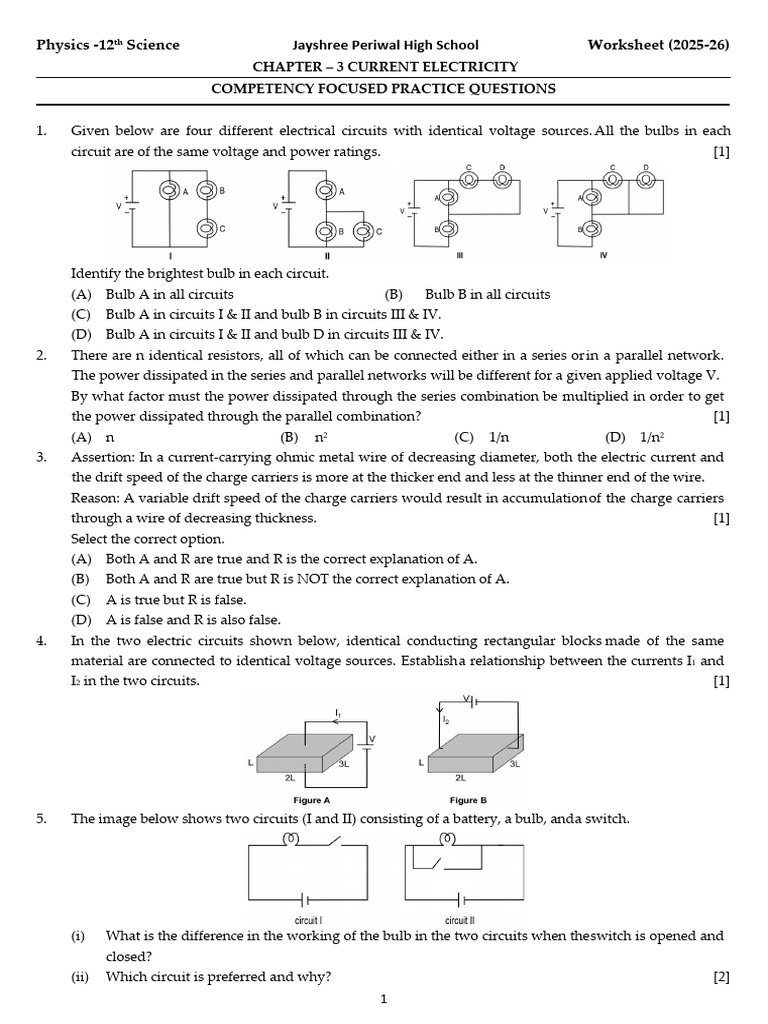 Current Electricity Practice Questions | PDF | Electrical Resistivity ...