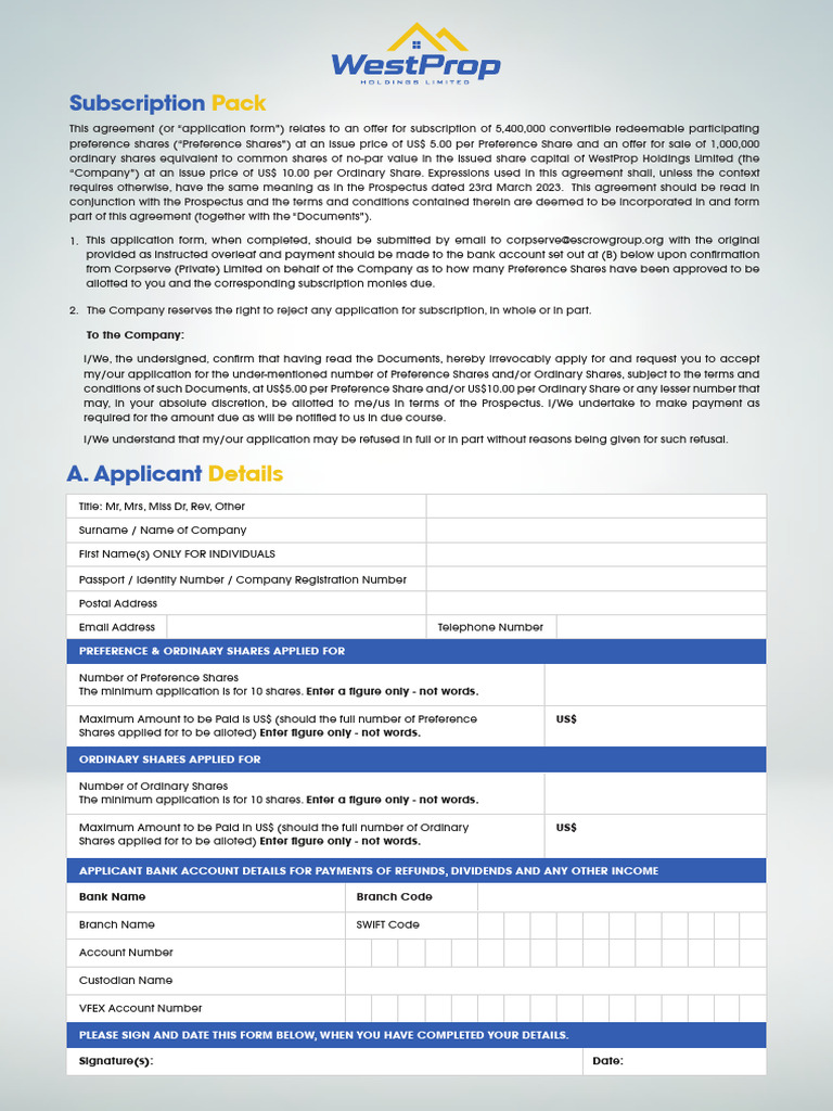 WestProp Holdings Subscription Application | PDF | Preferred Stock