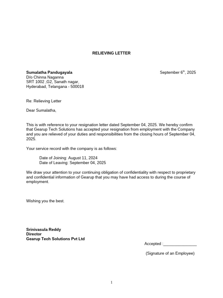 Relieving Letter for Sumalatha Pandugayala | PDF