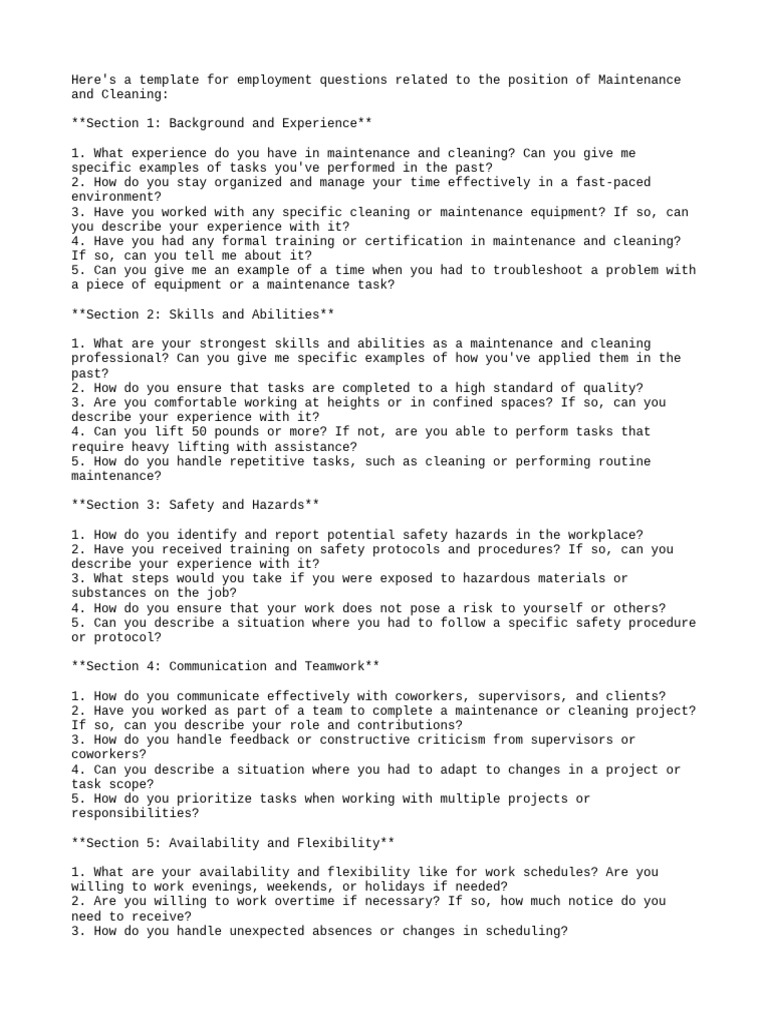 Employment Questions For The Position of Maintenance and Cleaning | PDF ...