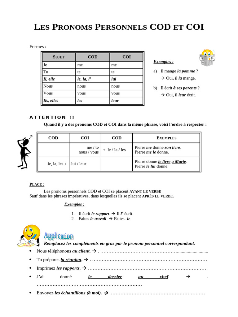 Pronoms personnels COD et COI en français | PDF | Complément d'objet ...