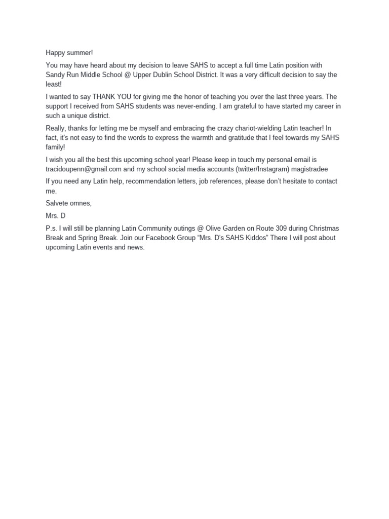 Farewell Message from Mrs. D at SAHS | PDF