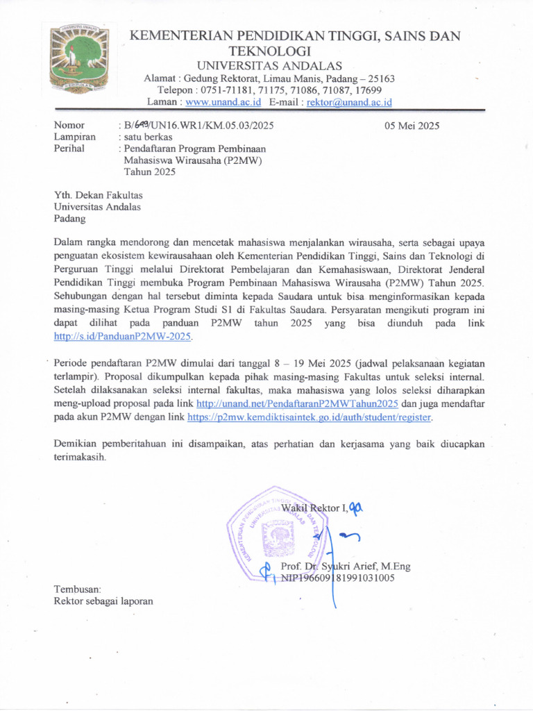 Pendaftaran Program Pembinaan Mahasiswa Wirausaha (P2MW) Tahun 2025 | PDF