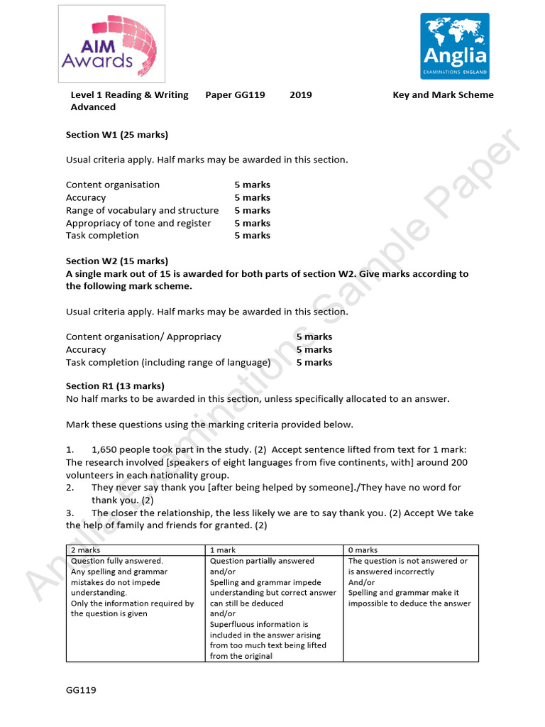 Level 1 Advanced Reading & Writing Marking Guide | PDF | Linguistics ...