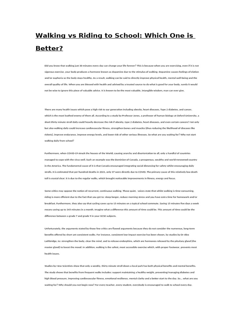 Walking Vs Riding To School | PDF | Physical Fitness | Determinants Of ...