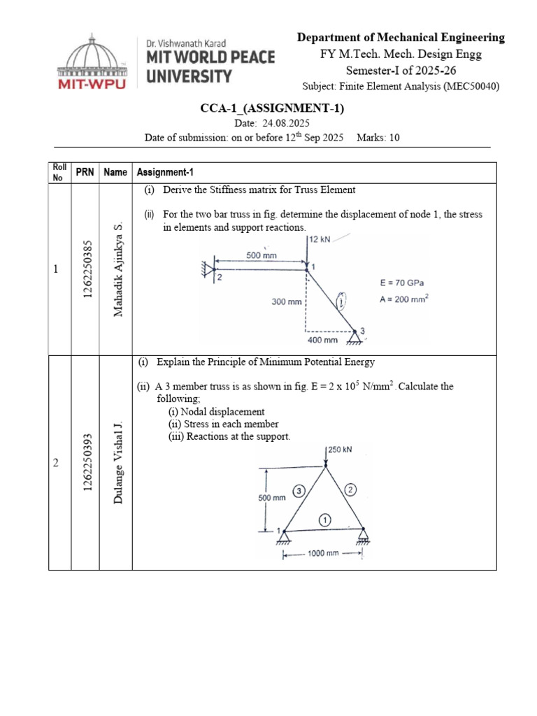 CCA 1 Assignment-1 AY 2025-26 Sem-1 | PDF | Finite Element Method ...